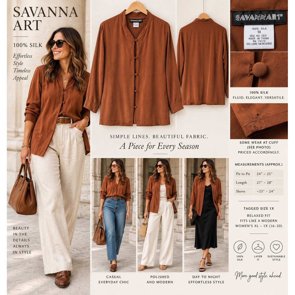 Savanna Art Womens 1X 100% Silk Blouse Rust Brown Button Front Tunic Asian Style